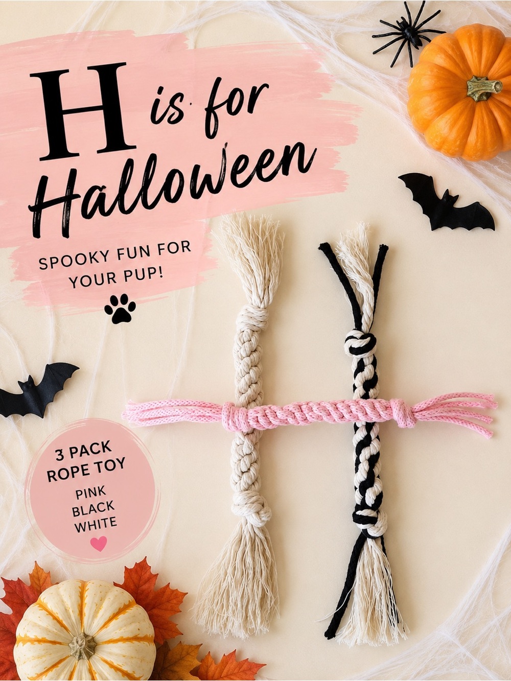 3-Pack Rope Dog Toy Set - Pink, Black & White